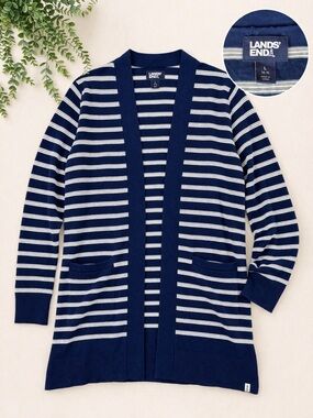 Lands’ End Long Cardigan Striped Cotton Lightweight with Pockets Size Large